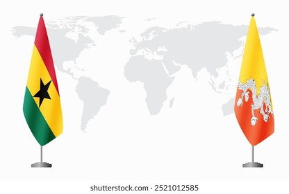 Bandeiras de Gana e do Butão para reunião oficial contra o fundo do mapa do mundo.