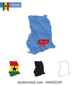 Ghana blue Low Poly map with capital Accra, four versions of map. Vector Illustration.