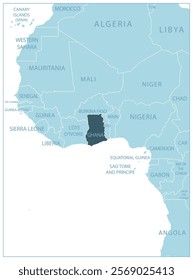 Ghana - blue map with neighboring countries and names. Vector illustration