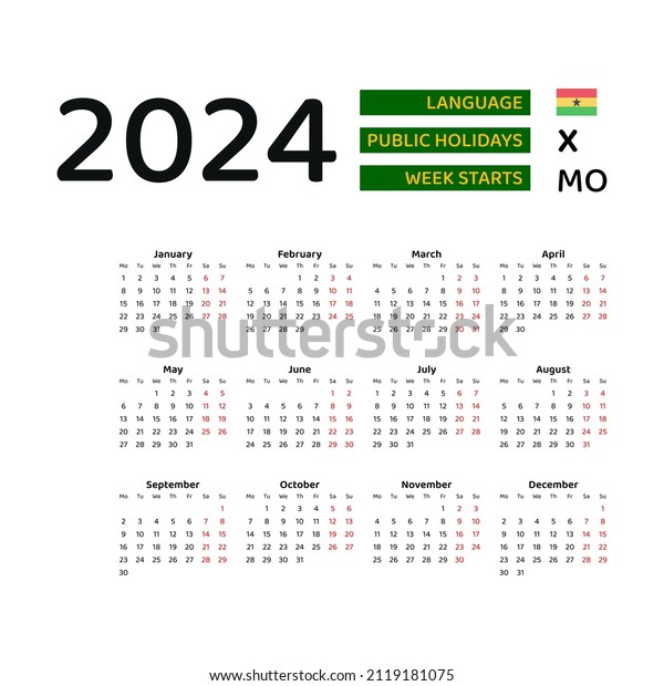 Vektor Stok Ghana Calendar 2024 Week Starts Monday (Tanpa Royalti