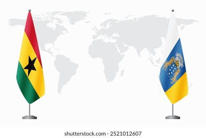 Bandeiras de Gana e das Ilhas Canárias para reunião oficial em segundo plano do mapa do mundo.