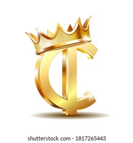 Ghana Cedi currency symbol with golden crown, gold money sign, vector illustration on white background