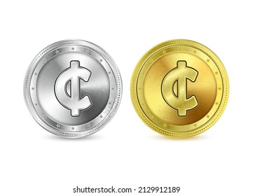 Ghana cedi gold coin currency. Icon of the currency gold and silver coin set isolated on a white background. Realistic 3D Vector illustration.