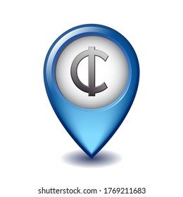 Símbolo de Ghana Cedi sobre el icono vector del marcador de mapa. Ilustración del signo de la moneda de Ghana en Map Pointer. Símbolo de unidad monetaria. Ilustración del vector aislada en fondo blanco