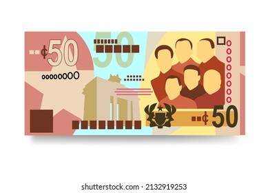 Ghana Cedi Vector Illustration. Ghanaian money set bundle banknotes. Paper money 50 GHS. Flat style. Isolated on white background. Simple minimal design.