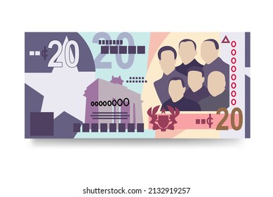 Ghana Cedi Vector Illustration. Ghanaian money set bundle banknotes. Paper money 20 GHS. Flat style. Isolated on white background. Simple minimal design.