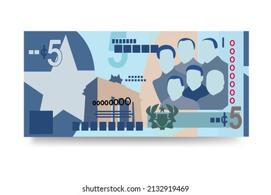 Ghana Cedi Vector Illustration. Ghanaian money set bundle banknotes. Paper money 5 GHS. Flat style. Isolated on white background. Simple minimal design.