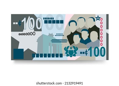 Ghana Cedi Vector Illustration. Ghanaian money set bundle banknotes. Paper money 100 GHS. Flat style. Isolated on white background. Simple minimal design.