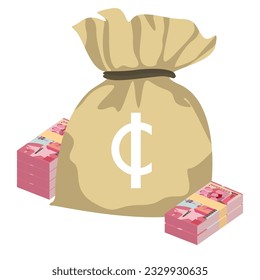 Ghana Cedi Vector Illustration. Ghanaian money set bundle banknotes. Money bag 1 GHS. Flat style. Isolated on white background. Simple minimal design.
