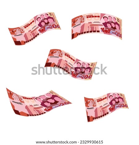 Ghana Cedi Vector Illustration. Ghanaian money set bundle banknotes. Falling, flying money 200 GHS. Flat style. Isolated on white background. Simple minimal design.