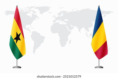 Bandeiras de Gana e Chade para reunião oficial contra fundo do mapa do mundo.