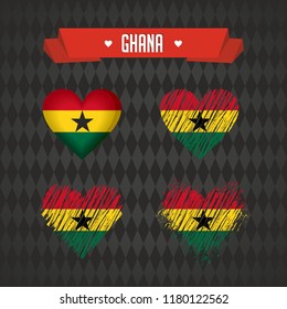 Ghana. Collection of four vector hearts with flag. Heart silhouette