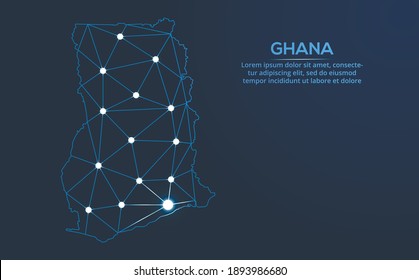 Ghana communication network map. Vector low poly image of a global map with lights in the form of cities. Map in the form of a constellation, mute and stars.