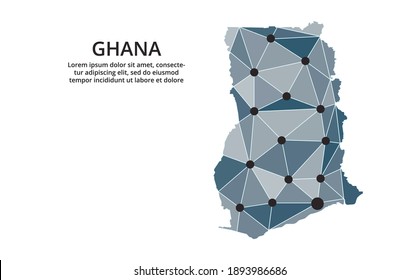 Mapa de la red de comunicaciones de Ghana. Imagen vectorial de un mapa global de baja polilla con luces de la ciudad. Mapa en forma de triángulos y puntos