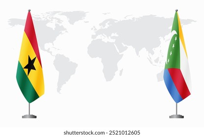 Bandeiras de Gana e Comores para reunião oficial contra fundo do mapa do mundo.