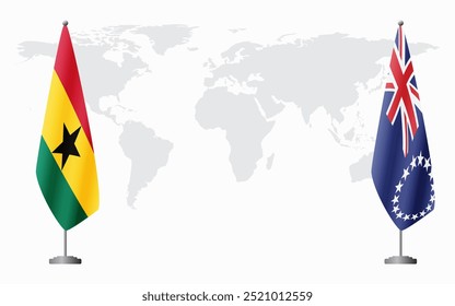 Bandeiras de Gana e Ilhas Cook para reunião oficial contra fundo do mapa do mundo.