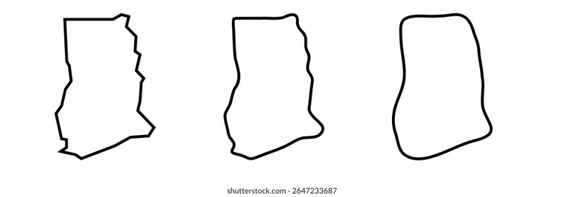 Ghana country black outline silhouettes in three different levels of smoothness. Simplified maps. Vector icons isolated on white background.