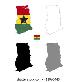 Ghana country black silhouette and with flag on background, isolated on white