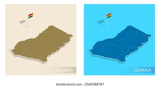 Ghana country flag installed on geographic positioning map point of country territory. Ghana commonwealth banner on land and sea. Festive patriotic HD format template for independence day