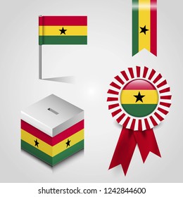 Ghana Country Flag place on Vote Box, Ribbon Badge Banner and map Pin