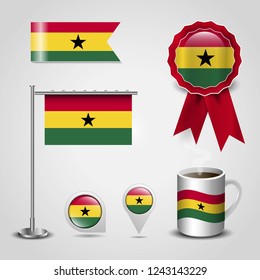 Ghana Country Flag place on Map Pin, Steel Pole and Ribbon Badge Banner