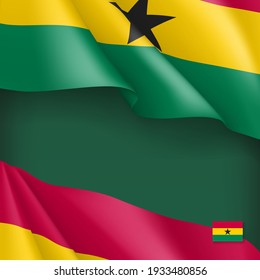 Ghana country flag theme background. National waving flag banner, poster, card can be used for celebrating Ghana national event, Independence Day realistic vector illustration
