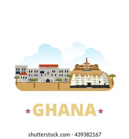 Ghana country flat cartoon style historic sight showplace web site vector illustration. World vacation travel sightseeing Africa fcollection. Cape Coast Castle University of Ghana Larabanga Mosque.