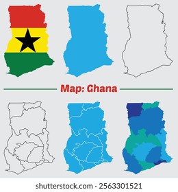 Ghana country map set. internal provinces borders marked, Simple map of Ghana vector drawing, Filled and outline.