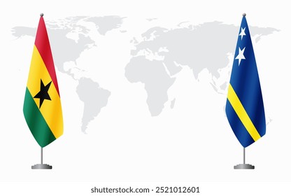 Bandeiras de Gana e Curaçao para reunião oficial contra fundo do mapa do mundo.