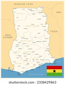 Ghana - detailed map with administrative divisions and country flag. Vector illustration