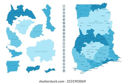 Gana - mapa detalhado do país em cores azuis, dividido em regiões. Ícones infográficos. Ilustração vetorial.