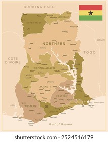 Ghana - detaillierte Karte des Landes in braunen Farben, unterteilt in Regionen. Vektorgrafik