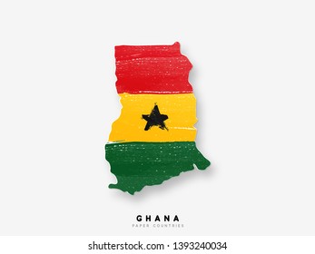 Ghana detailed map with flag of country. Painted in watercolor paint colors in the national flag.