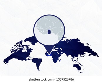 Ghana detailed map highlighted on blue rounded World Map. Map of Ghana in circle.