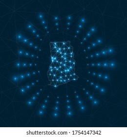 Ghana digital map. Glowing rays radiating from the country. Network connections and telecommunication design. Vector illustration.