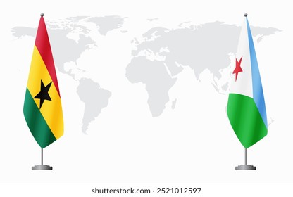 Bandeiras de Gana e Djibuti para reunião oficial em segundo plano no mapa do mundo.