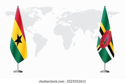 Bandeiras de Gana e Dominica para reunião oficial contra fundo do mapa do mundo.