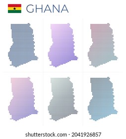Mapa de puntos de Ghana. Mapa de Ghana con estilo punteado. Las fronteras del país están llenas de hermosos círculos de gradientes lisos. Impresionante ilustración vectorial.
