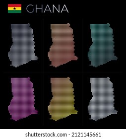 Ghana gepunkteter Kartensatz. Karte von Ghana im gepunkteten Stil. Grenzen des Landes gefüllt mit schönen glatten Gradientenzirkeln. Schöne Vektorgrafik.
