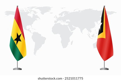 Bandeiras de Gana e de Timor-Leste para reunião oficial ao fundo do mapa do mundo.