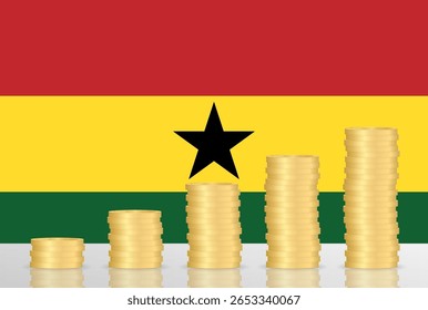 Economia do Gana. Bandeira de Gana com Pilha de Moedas. Conceito financeiro e de investimento. Ilustração de vetor.  