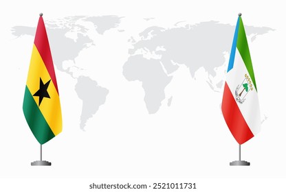 Bandeiras de Gana e da Guiné Equatorial para reunião oficial no fundo do mapa do mundo.