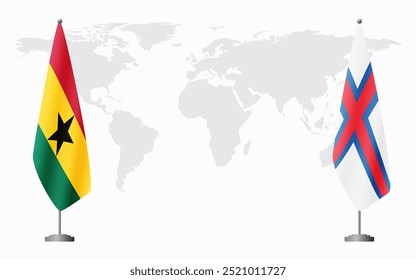 Bandeiras de Gana e Ilhas Faroé para reunião oficial em segundo plano do mapa do mundo.