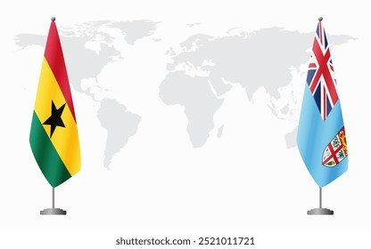 Bandeiras de Gana e Fiji para reunião oficial contra fundo do mapa do mundo.