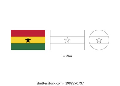 Ghana flag 3 versions, Vector illustration, Thin black line of rectangle and the circle on white background.