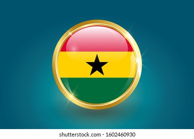 Ghana Flag in 3D circle frame, can be used for independence day or any other events. gold glossy badge. vector illustration. EPS 10.
