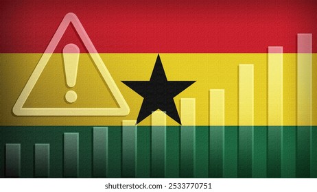 Ghana-Flagge mit Brustwarzenstruktur, Warnzeichen und aufsteigendem Balkendiagramm, das ein wachsendes Risiko oder wachsende Herausforderungen im Land symbolisiert. Ideal für Datenpräsentationen.