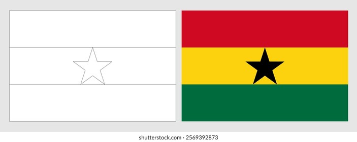 Ghana flag - coloring page. Set of white wireframe thin black outline flag and original colored flag.