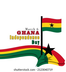 Ghana flag with a combination of red, yellow, green colors with a black star in the middle fluttering above the decorative ghana flag ribbon, Ghana Independence Day March 6