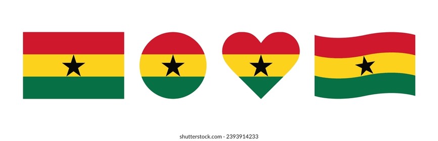 Ghana flag design package. Various designs for Ghana national flag. The flag has a composition of red, yellow and green with a star in the middle in rectangular, round, love and wavy shapes